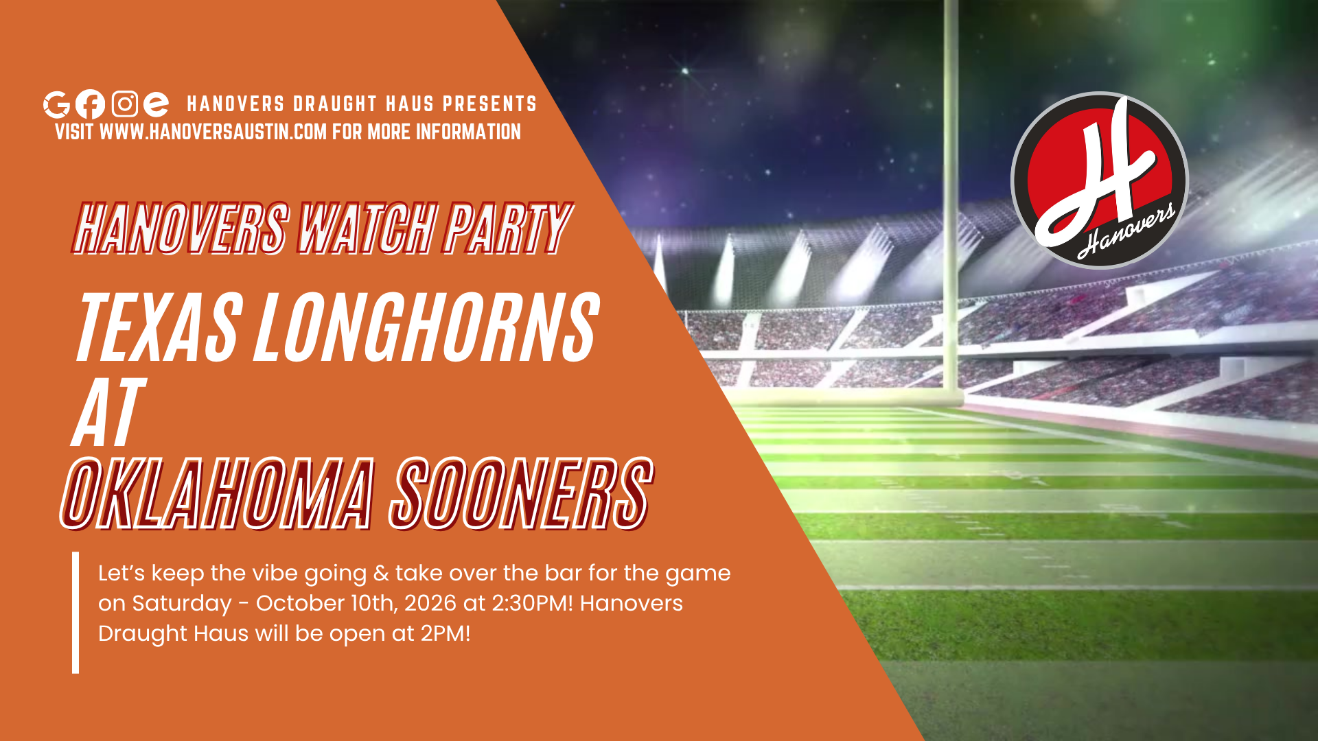 Ut Longhorns Vs Oklahoma Sooners Football Watch Party at Hanovers Draught Haus in Austin, TX